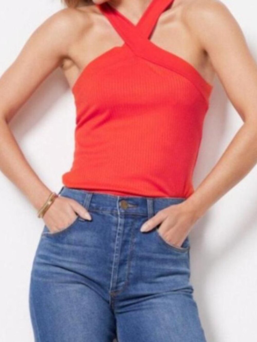 Evereve Hayden Criss Cross Ribbed Halter Top in Bright Orange - L